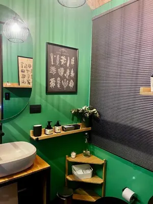 a green bathroom with a sink and a mirror at Tiny House Minimalista en la Naturaleza cerca a El Retiro y La Ceja in El Retiro