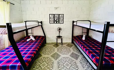 a room with two bunk beds and a window at Almalu Finca in Filadelfia