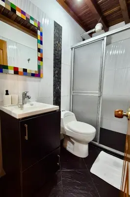 a bathroom with a toilet and a sink and a shower at Apartamento central en Guatape - 2 habitaciones - 2 baños - Ideal familias in Guatapé