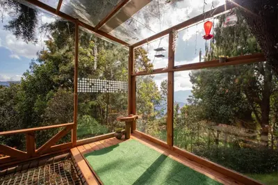 a room with a large window with a green floor at Cabaña in Medellín