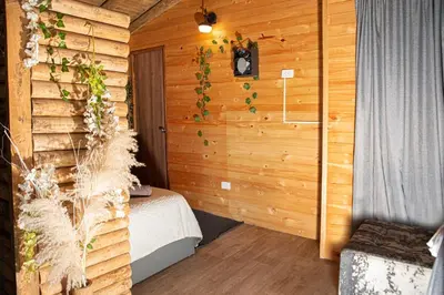 a room with a bed and a wooden wall at Cabaña in Medellín