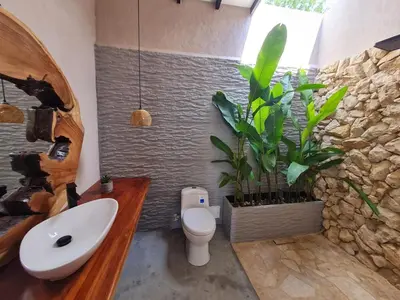 a bathroom with a toilet and a sink and a plant at Casa Elixir Sopetrán in Sopetran