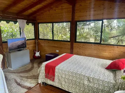 a bedroom with a bed and a tv and windows at Refugio del Pino santa elena in Santa Elena