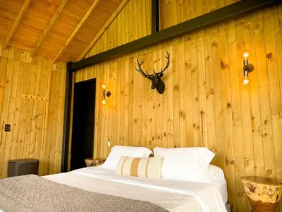 a bedroom with a bed in a wooden wall at Cabin - Jacuzzi - Frente al lago - Bosque in La Pradera