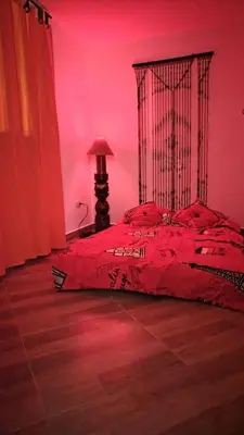 a red bedroom with a bed with a red light at DESTINY Apto villas del Río in San Rafael