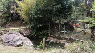 a zoo exhibit with a swing and a river at Refugio en el arroyo in San Carlos