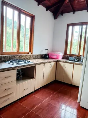 a kitchen with wooden cabinets and a counter top at Refugio en el arroyo in San Carlos