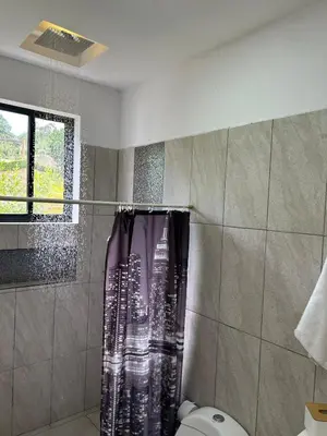 a shower curtain in a bathroom with a toilet at Villa Los Pinos in Sopetran
