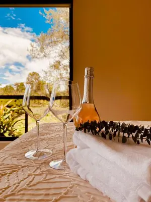 two wine glasses and a bottle on a table at Villa Kobus in San Antonio de Pereira
