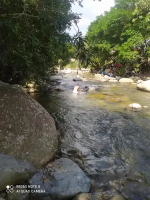 a person bathing in a river with rocks and trees at Hostal otro cuento in Cisneros