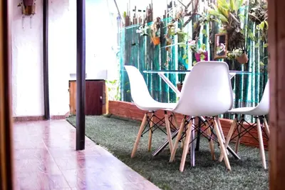 a table with white chairs and a table with plants at Hostal otro cuento in Cisneros