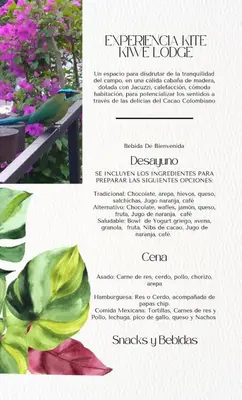 a page of a brochure with flowers and a bird at KITE KIWE LODGE - Parque Arvi in Guarne