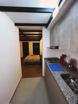 a kitchen with a sink and a bed in a room at Lujoso, relajante y Cómodo Apartaestudio en La Rambla in Manizales