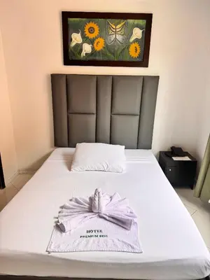 a bed with a towel on it with a picture on the wall at Hotel Premium BISS in Supía