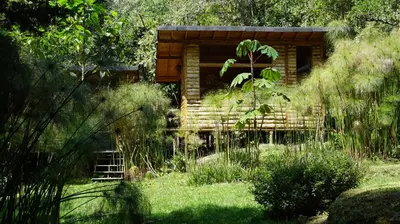 a log cabin in the middle of a garden at Cabaña Silencio in Guarne