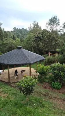 a black roofed gazebo with two people sitting under it at Cabaña Silencio in Guarne