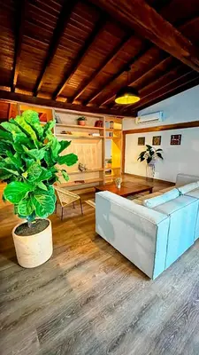 a living room with a couch and a potted plant at Suite con jacuzzi en El Poblado in Medellín