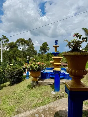 a group of blue and yellow vases with potted plants at House near Marial stone and old Peñol replica in Horizonte