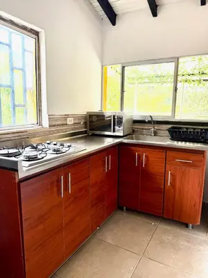 a kitchen with wooden cabinets and a sink and two windows at House near Marial stone and old Peñol replica in Horizonte