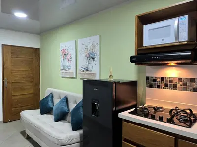 a living room with a stove and a couch at Apartamento Carmelina-solo a dos cuadras del parque in Carmen de Viboral