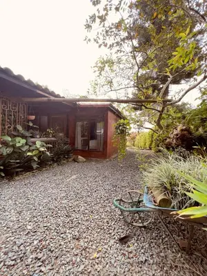 a house with a bench and plants in front of it at Cozy villa near El Poblado in Envigado