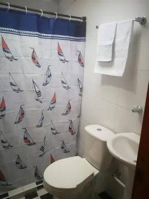 a bathroom with a shower curtain with a toilet and a sink at Acogedor Apartaestudio in Manizales