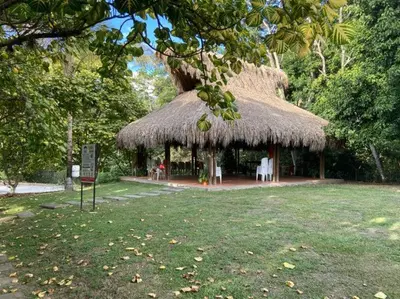 a hut with a grass roof with a table and chairs at Apartasol En San Jeronimo in San Jerónimo