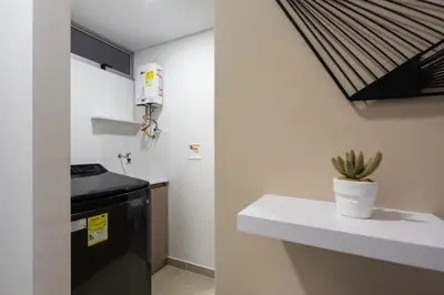 a kitchen with a black stove and a potted plant at Apartasuite Sabaneta City view parking in Sabaneta