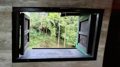 an open window with a view of a forest at Refugio en el Árbol in Guarne