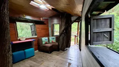 a room with a couch and a chair in a cabin at Casa en el Arbol - Cerca Metrocable ARVI - Camping in Guarne