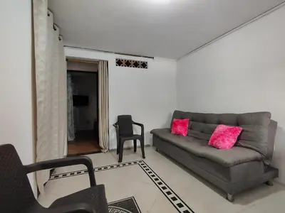 a living room with a gray couch and pink pillows at Casa Hévenie, Amplia, familiar, cómoda y bien ubicada in El Poblado