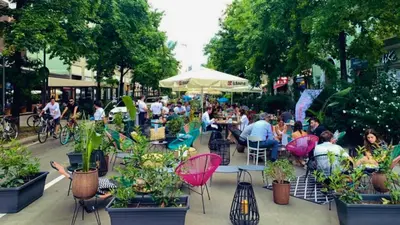 a group of people sitting at tables with plants at 