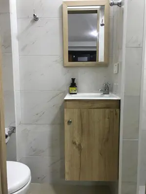 a bathroom with a sink and a mirror and a toilet at 