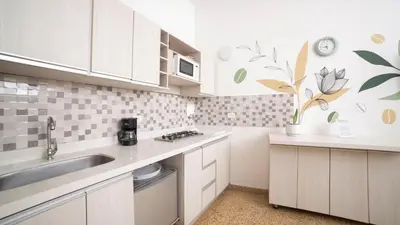 a kitchen with white cabinets and a plant on the wall at Boston Coffee Lofts in Medellín