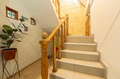 a staircase in a house with a potted plant at Boston Coffee Lofts in Medellín