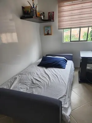 a bedroom with a bed with a blue pillow on it at Habitación con sofacama - apto compartido in Envigado