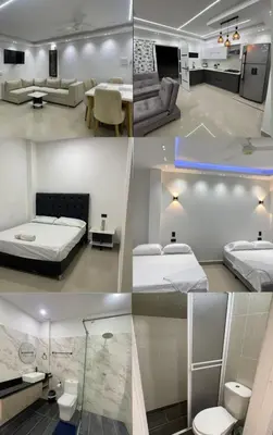 a collage of four pictures of a room with beds at Class Suite Apartamento Doradal in Doradal