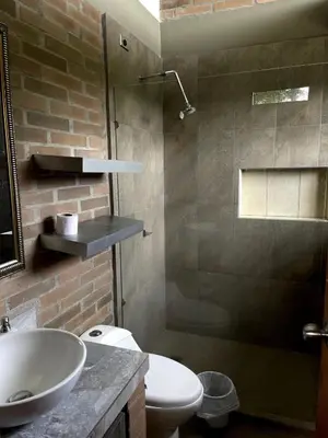 a bathroom with a sink and a toilet and a shower at Casa de Campo in Manizales