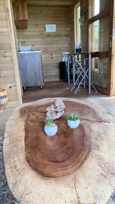a wooden cabin with two potted plants on a wooden floor at Hermoso chalet en marinilla in Marinilla