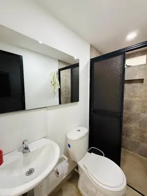 a bathroom with a toilet and a sink and a shower at Alojamiento en Doradal - Apartaestudio central in Doradal