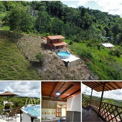 a collage of pictures of a house and a pool at Cabaña cerca a hacienda Nápoles in Doradal