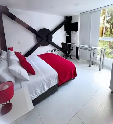 a bedroom with a large bed with red pillows at Mini Loft in Envigado in Envigado