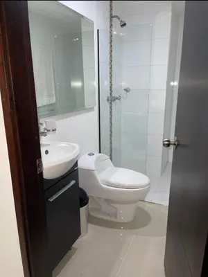 a bathroom with a toilet and a sink and a shower at Apartamento familiar laureles 203 in Medellín