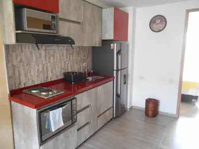 a small kitchen with a stove and a microwave at Best apartment, best location, Laureles Paradise in Medellín