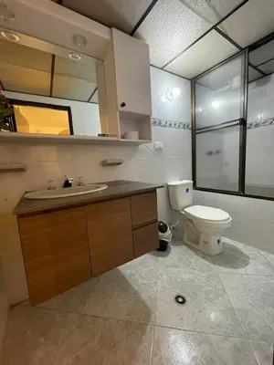a bathroom with a toilet and a sink and a mirror at Hotel boutique san pablo H5 in Medellín