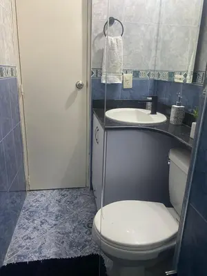 a small bathroom with a toilet and a sink at Apartamento renovado parque La Floresta, reserva minimo de 21 dias in Medellín