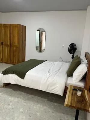 a bedroom with a large bed and a mirror at Casa Selva in San Carlos