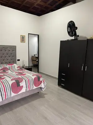 a bedroom with a bed and a dresser with a fan at Villa Paulina in Ebéjico