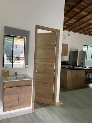 a bathroom with a wooden door and a sink at Villa Paulina in Ebéjico
