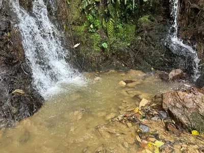 a waterfall on the side of a mountain at Cabaña Selvática y Manantiales, San Miguel Guarne in Guarne